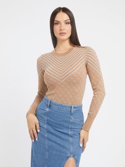 Guess - Beige Polyester Blend Printed Pullover Sweater