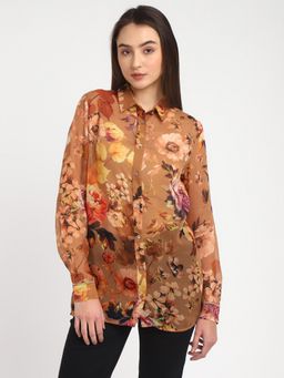 Guess - Brown Floral Printed Spread Collar Shirt