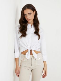 Guess - White Cotton Blend Solid Spread Collar Crop Shirt