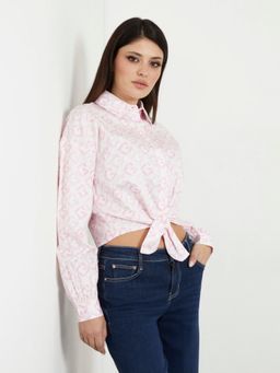 Guess - Pink Cotton Blend Printed Spread Collar Shirt
