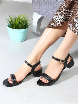 Carlton London - Black Buckle Round Toe Women Sandal Heels