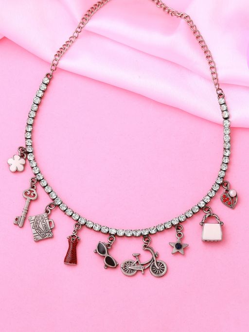 Estele Rhodium Plated Charm Necklace for Women