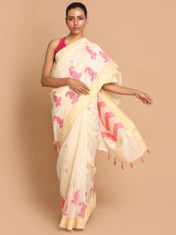 Indethnic - Banarasi Pink Woven Design Work Wear Saree With Unstitched Blouse