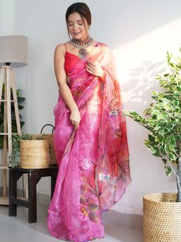 Odette - Pink Printed Organza Saree with Unstitched Blouse