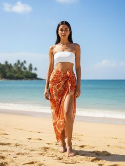 AOBA - Womens Orange Ethnic Print Beach Wrap Sarong