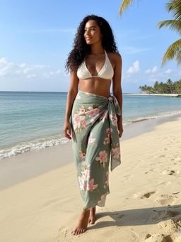 AOBA - Womens Sage Green Floral Printed Tie-Up Beach Sarong