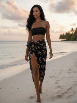 AOBA - Womens Black Floral Printed Tie-Up Beach Sarong