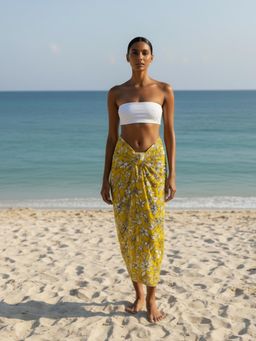 AOBA - Womens Yellow Floral Printed Tie-Up Beach Sarong