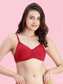 Groversons Paris Beauty - Womens Red Full Coverage Wire-Free Moulded Cups Cotton Blend Solid Bra
