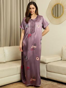 July Nightwear - Womens Satin Purple Long Nighty