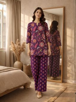 FEATHERS CLOSET - Womens Purple Peony Pure Cotton Round Neck Tunic & Pant