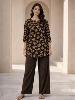 FEATHERS CLOSET - Womens Brown Moonlit Pure Cotton Round Neck Tunic & Pant