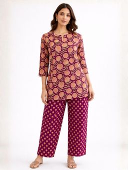 FEATHERS CLOSET - Womens Wine Sunburst Pure Cotton Round Neck Tunic & Pant
