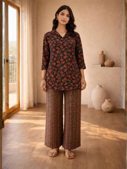 FEATHERS CLOSET - Womens Black Charm Pure Cotton Collar Neck Tunic & Pant