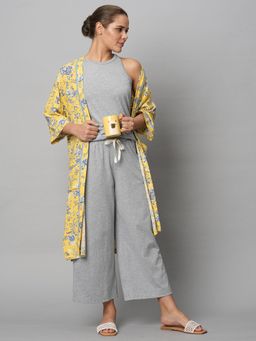 Chemistry - Grey Melange Cotton Jersey Loungewear Top with Pant & Floral Printed Rayon Robe