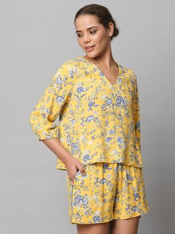 Chemistry - Womens Yellow Rayon Floral Printed Top with Shorts