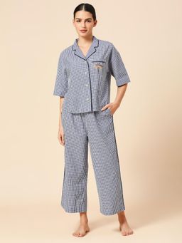Chemistry - Womens Pocket Lapel Collar Night Shirt with Wide Leg Cotton Checks Pajama