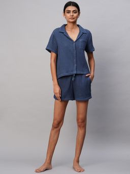 Chemistry - Womens Blue Waffle Knit Collar Neck Shirt with Shorts
