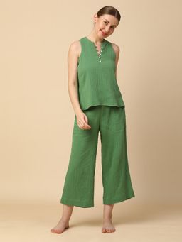 Chemistry - Womens Green Double Fabric Crinkle Cotton Top with Pant