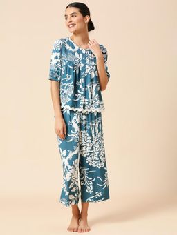 Chemistry - Blue Floral Viscose Ric Rac Detailing Top with Pant