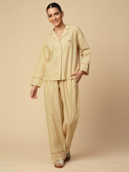 Chemistry - Mustard Stripes Cotton Nightsuit Ric Rac Detailing Shirt with Pant