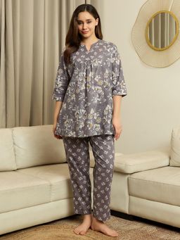 July Nightwear - Womens Cotton Grey Long Kurti with Pajama