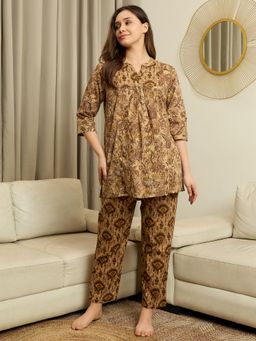 July Nightwear - Womens Cotton Brown Long Kurti with Pajama