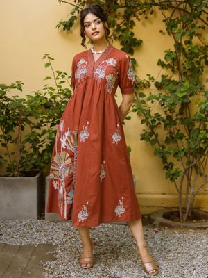 Buy ZUMMER Rust Embroidered A-Line Midi Dress (S) Online