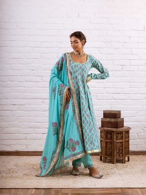 Noorani Turquoise Solid Anarkali Set