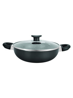 Bergner - Essential Aluminum Nonstick 26cm Kadai With Glass Lid, Induction Botton (Black)
