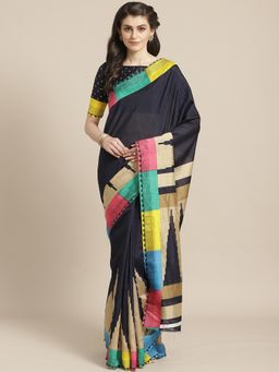 Sareemall - Navy Blue Silk Blend Saree With Unstitched Blouse