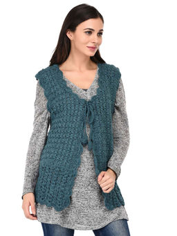 Bharatasya - Teal Long Handknitted Crochet Shrug