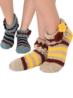 Bharatasya - Beige Handknitted Designer Boot Style Winter Footie Socks (Pack of 2)