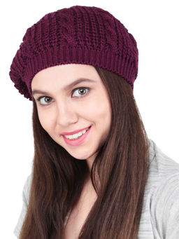 Bharatasya - Maroon Winter Woollen Knitted Beret Cap