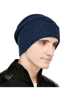 Bharatasya - Bharatasya Unisex Blue Beanie Cap, Cable Knitted in Soft Acrylic Wool.