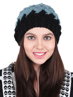 Bharatasya - Black Grey Crisscross Patterned Handknitted Woollen Pom Pom Cap