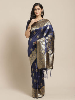 Sareemall - Navy Blue Printed Saree with Unstitched Blouse