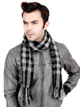 Bharatasya - Unisex Handloom Plaid Black and White Muffler