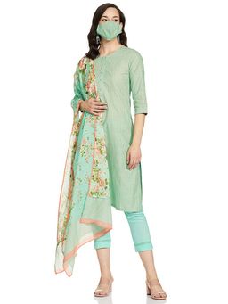 Biba - Green Stripes Kurta And Pant With Dupatta (Set of 3)