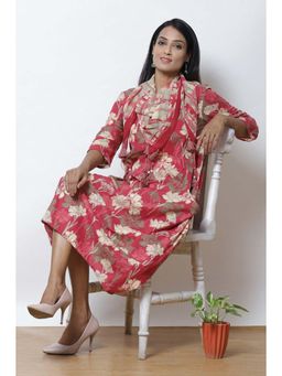 Biba - Pink Straight Cotton Flax Kurta With Scarf