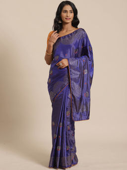 Sareemall - Navy Blue Embellished Saree With Unstitched Blouse