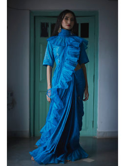 PEELI DORI - Blue Ruffled Saree and Unstitched Blouse