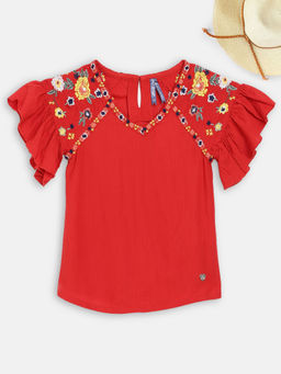 Blue Giraffe - Red Embroidered Top