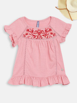 Blue Giraffe - Pink Embroidery Round Neck T-Shirt
