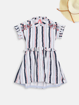 Blue Giraffe - White Multi Striped Shirt Collar Dress