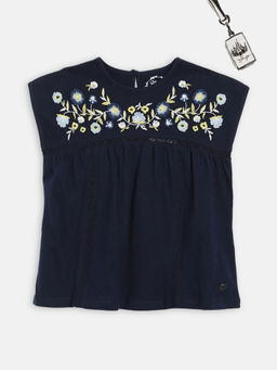 Blue Giraffe - Navy Blue Embroidered Round Neck Top