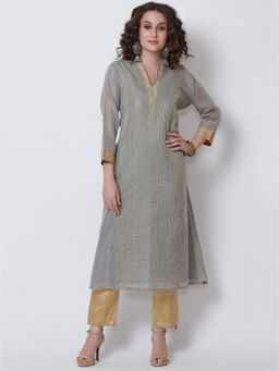Biba - Grey Embroidered A-Line Kurta