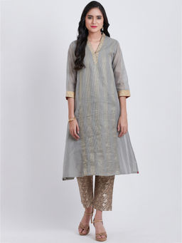 Biba - Grey Embroidered A-Line Kurta