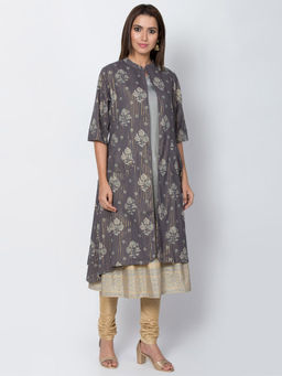 Biba - Dark Grey Front Open Floral Kurta With Inner (Set of 2)