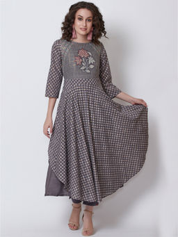 Biba - Dark Grey Printed Flared Kurta With Inner (Set of 2)